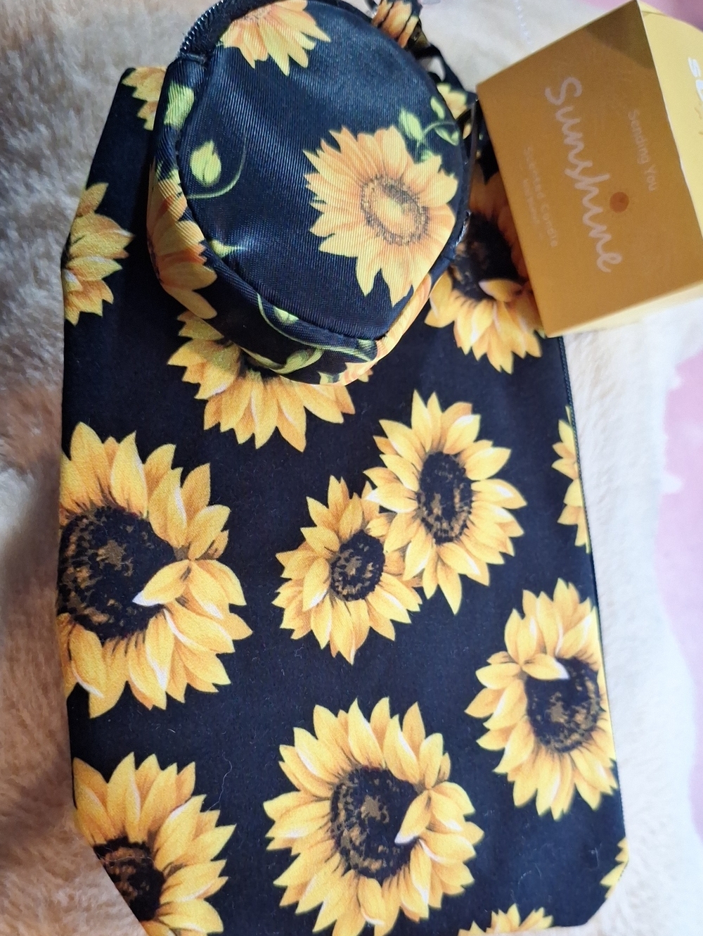Sunflower Print Wristlet Pouch - Black & Yellow..+ sunflower Candle...